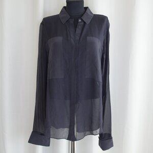 Alexander Wang 100% Silk Dark Blue Semi-Sheer Button Up Shirt Blouse Sz L